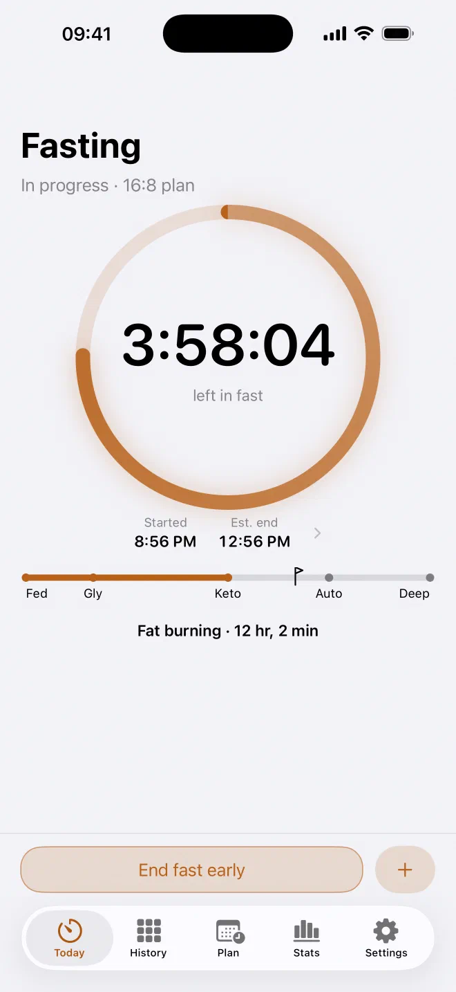 LightnFast Today screen showing an active 16-hour fast with time remaining and its planned end.