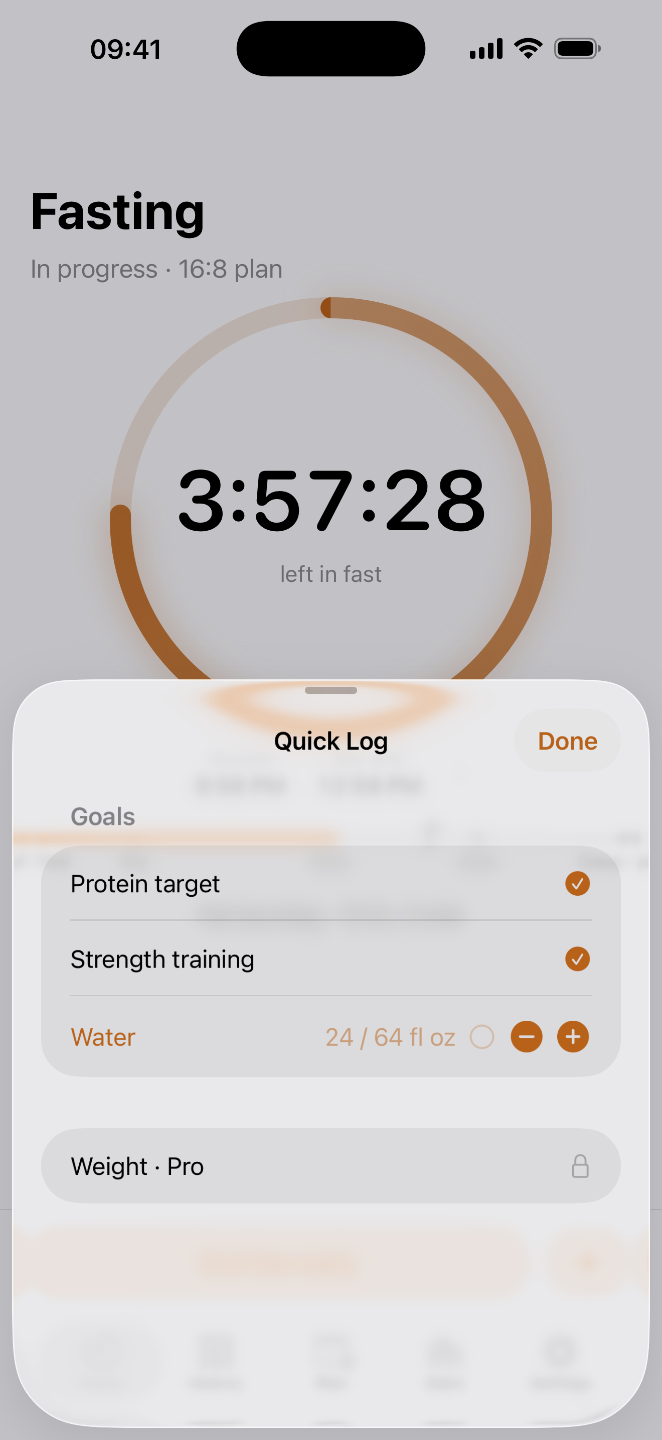 Quick Log with protein and strength goals checked and 24 of 64 fluid ounces of water recorded.