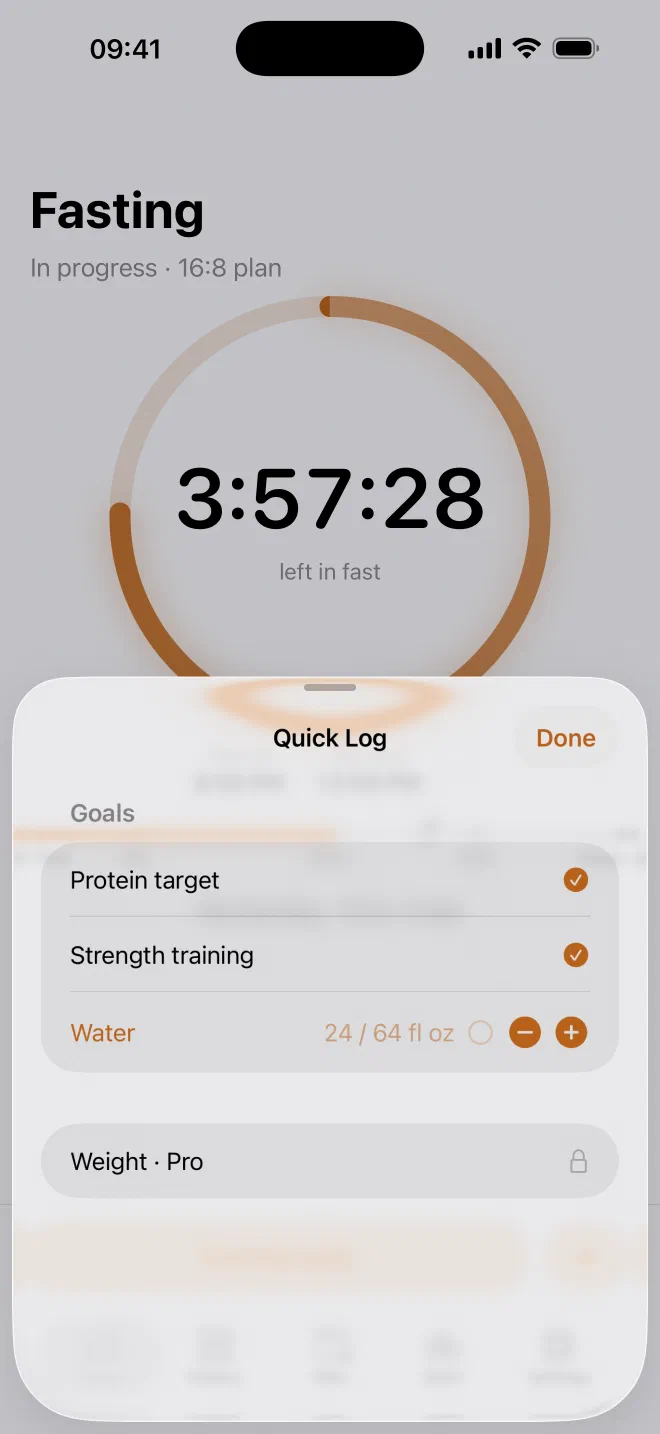 Quick Log with protein and strength goals checked and 24 of 64 fluid ounces of water recorded.