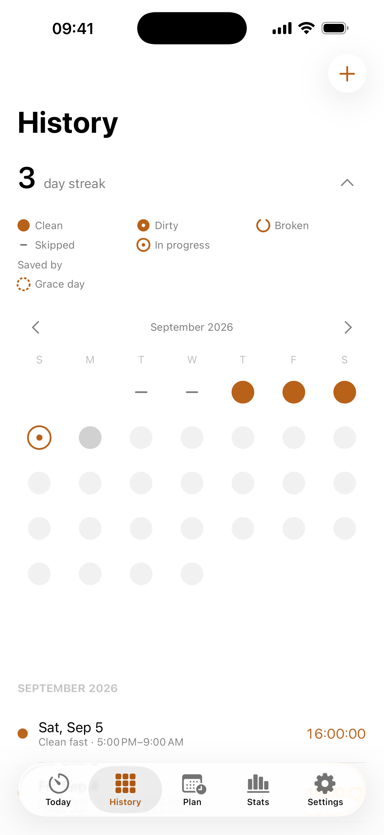 September history calendar with three completed fasts and a three-day streak.