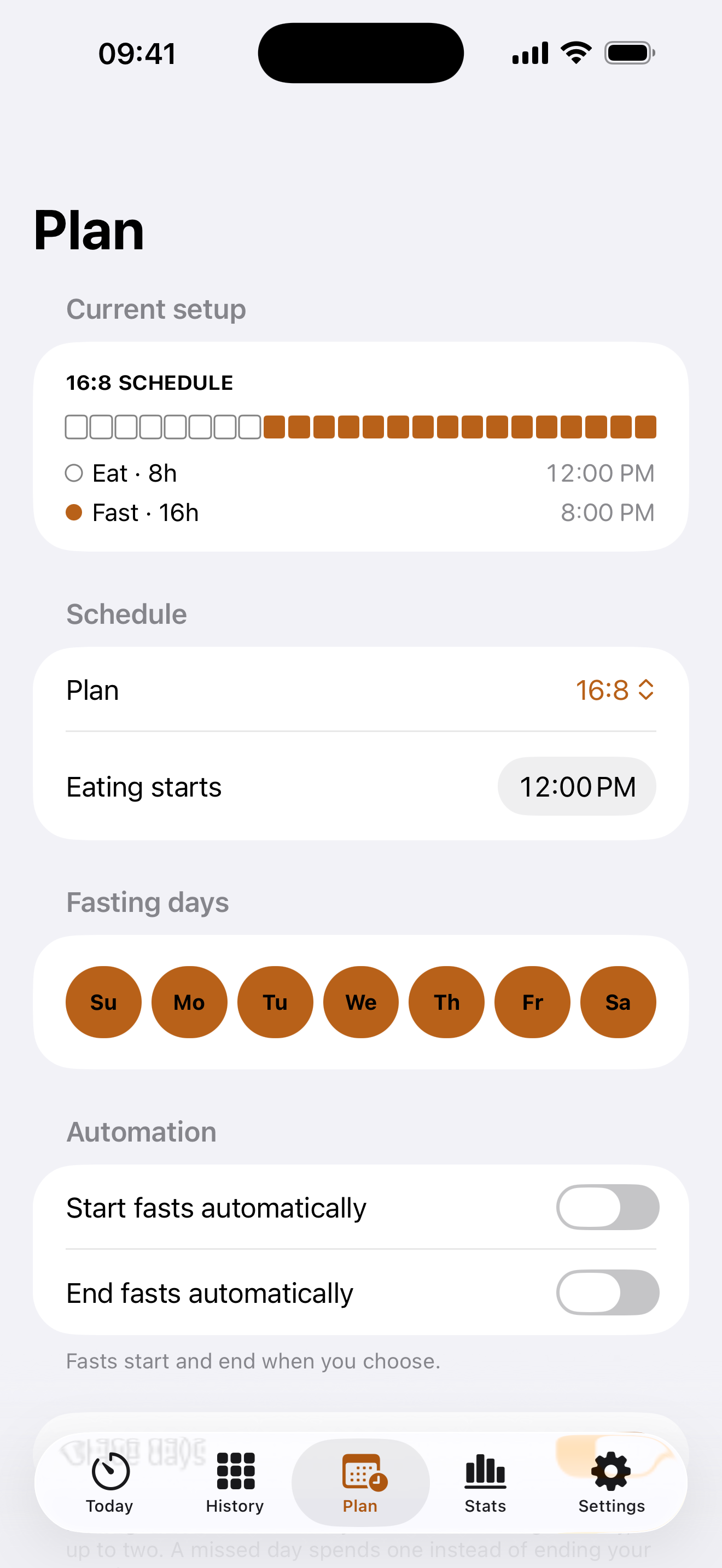 Plan settings for a 16:8 schedule, eating at noon, with fasting days and automation controls.