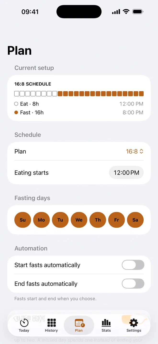 Plan settings for a 16:8 schedule, eating at noon, with fasting days and automation controls.