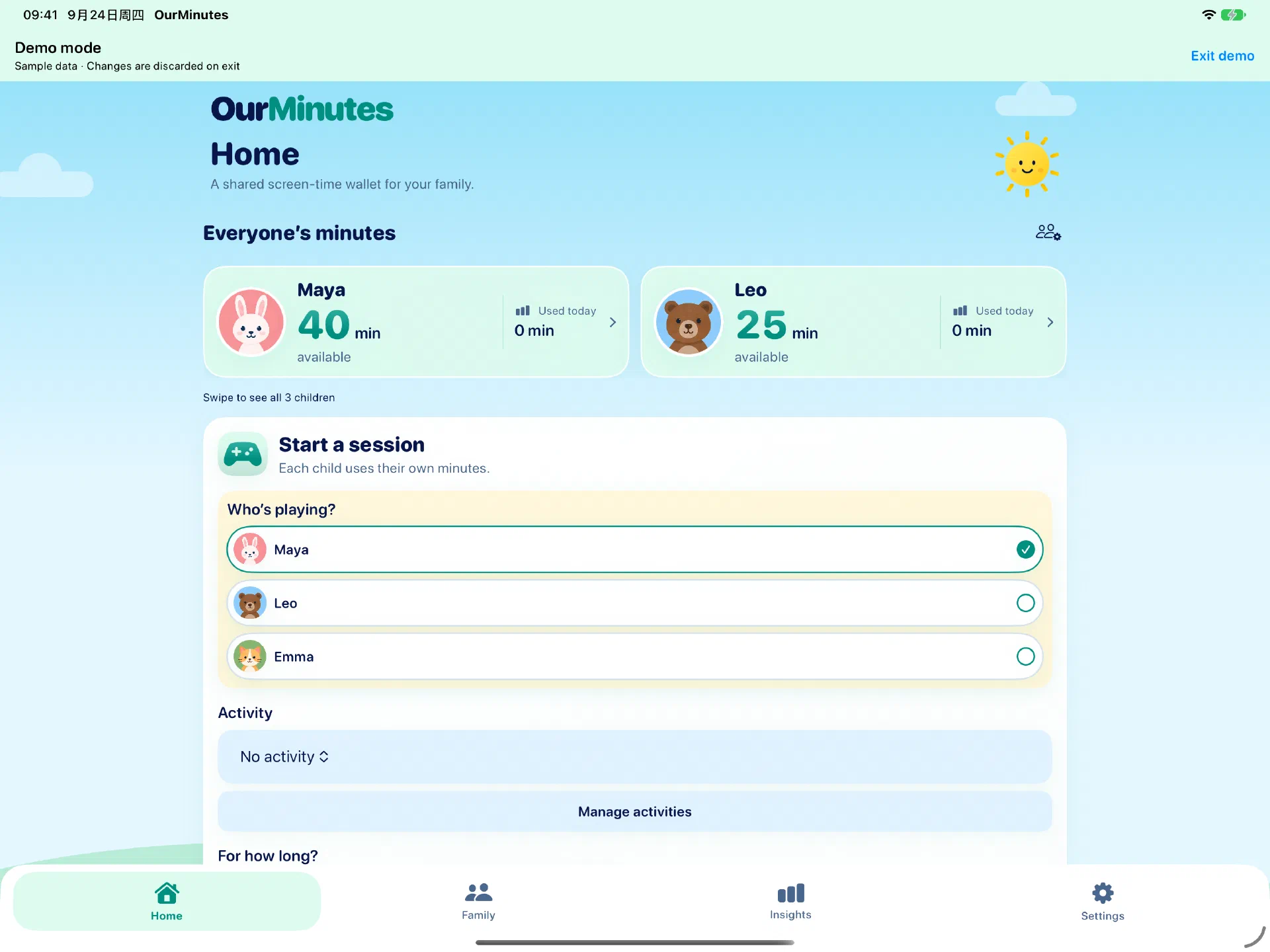 OurMinutes on iPad showing three sample children's balances and a shared-session setup with a charge of 30 minutes each.