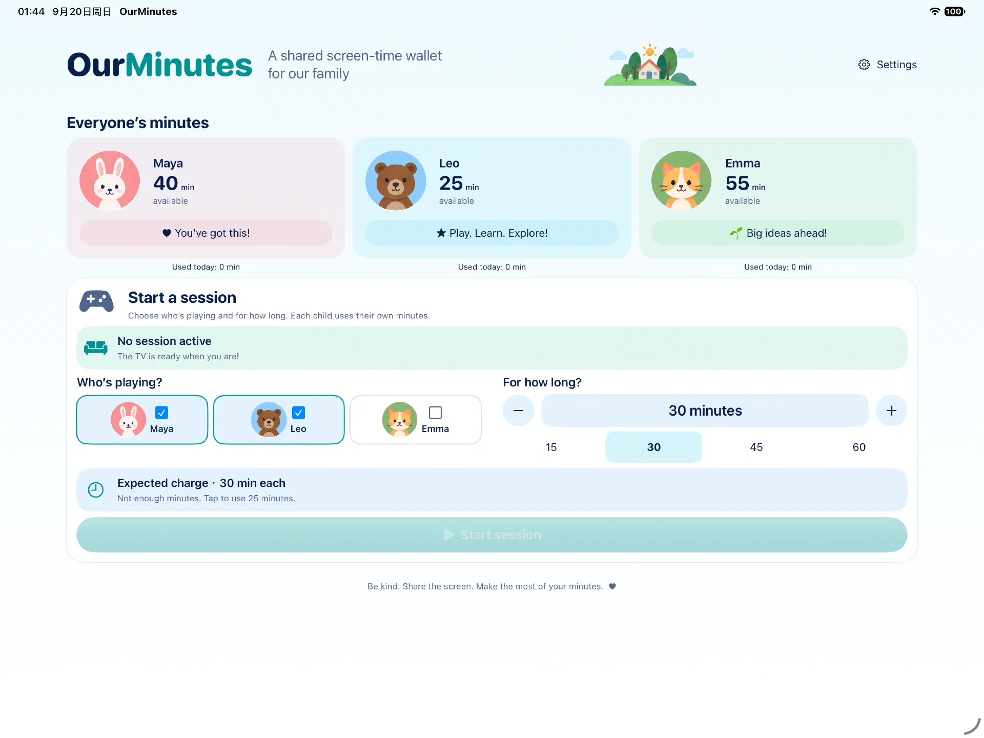 OurMinutes on iPad showing three sample children's balances and a shared-session setup with a charge of 30 minutes each.