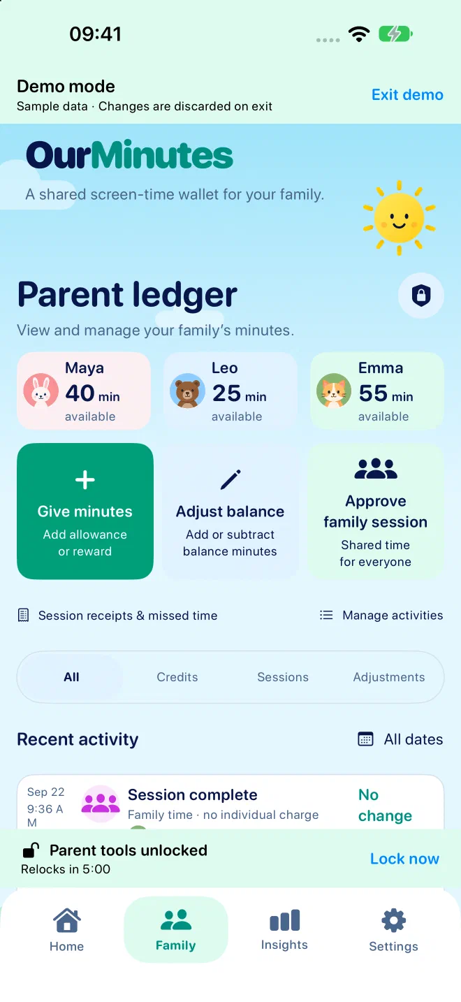 OurMinutes parent ledger with sample balances, give-minutes and correction controls, and a history of family sessions.