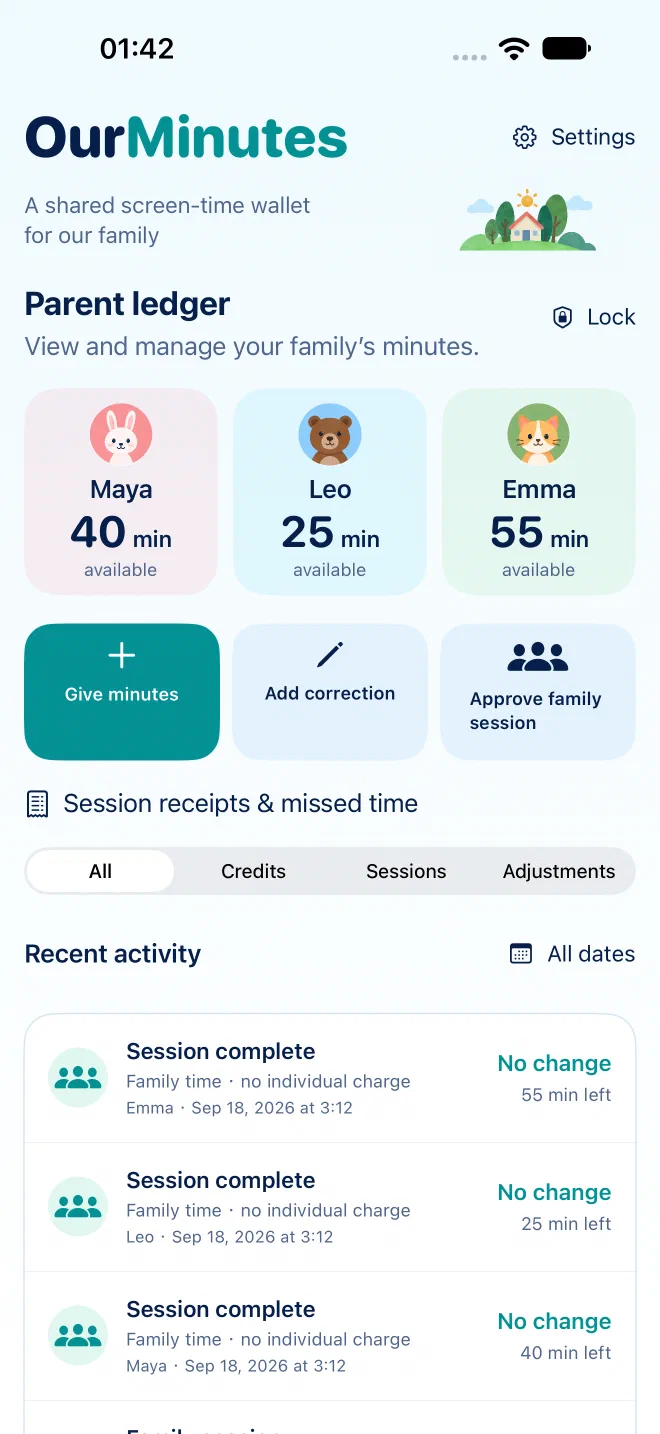 OurMinutes parent ledger with sample balances, give-minutes and correction controls, and a history of family sessions.