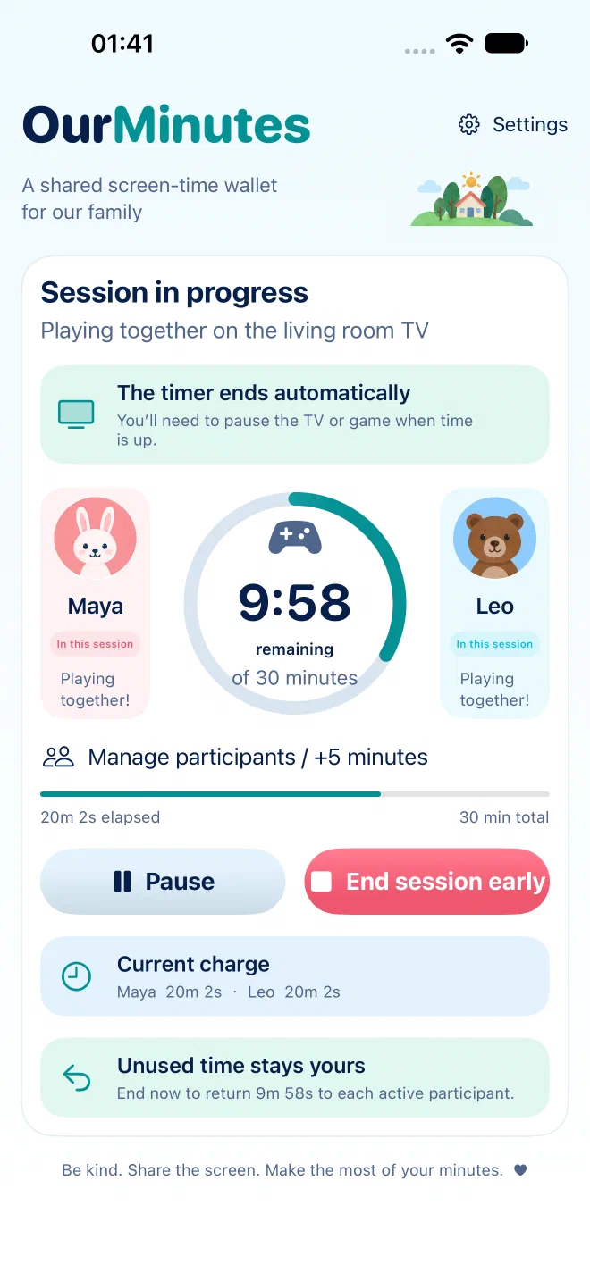 OurMinutes iPhone session screen showing Maya and Leo, a countdown, pause and end controls, and the unused minutes available to return.