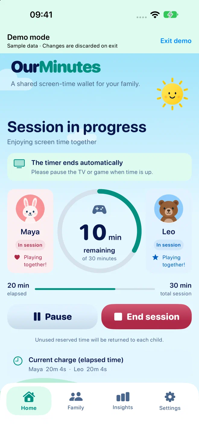 OurMinutes iPhone session screen showing Maya and Leo, a countdown, pause and end controls, and the unused minutes available to return.