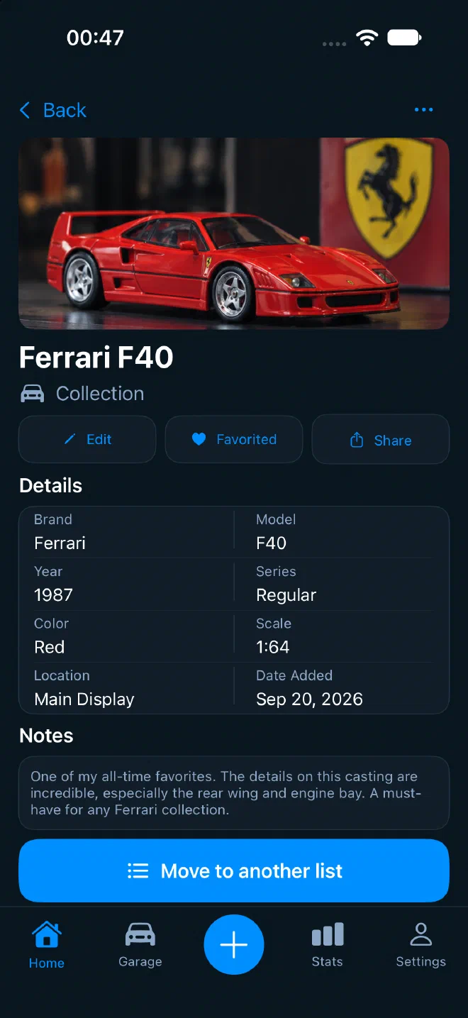 Early TinyGarage detail screen with a sample Ferrari F40, scale, storage location and notes.