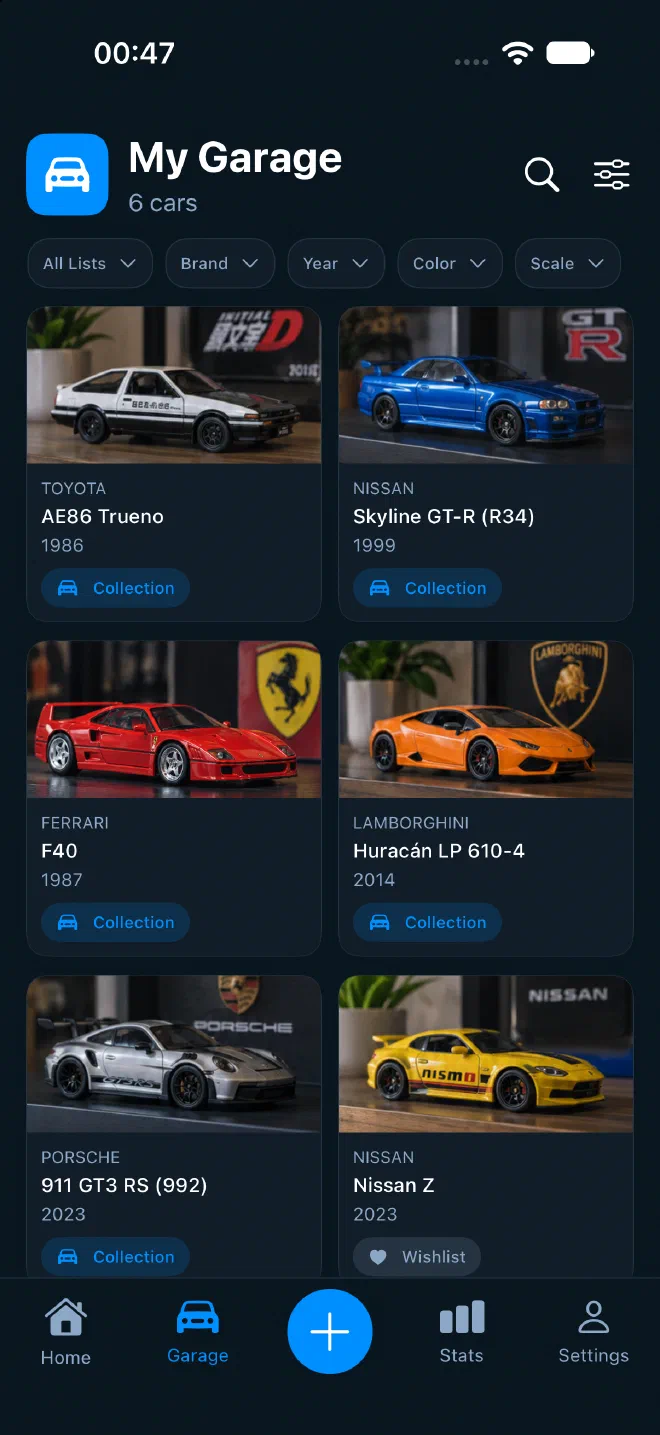 Early TinyGarage collection screen showing six sample cars in a photo grid.
